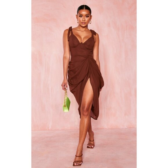 PrettyLittleThing Chocolate Brown Underwire Detail Draped Midi Dress sz 10 - Picture 2 of 9